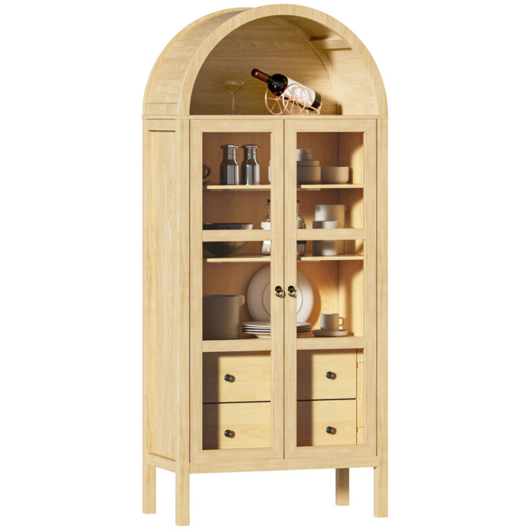 Modern Arched Cabinet With Glass Doors,72 Tall Auto Sensor Light Farmhouse Arch Storage Cabinet With Height Adjustable Shelf And 2 Drawers Display Bookshelf In Original Oak Wood Grain