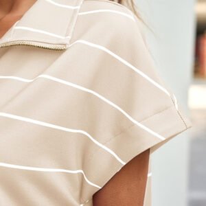 Fisoew Women Summer 2 Piece Outfits Striped Short Sleeve Zipper Shirts Casual Shorts Loose Lounge Short Sets