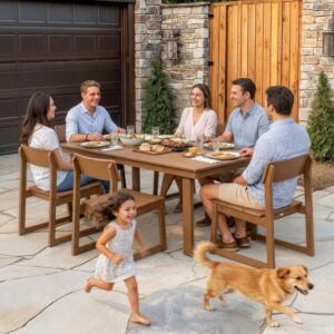 7-Piece HDPE Outdoor Dining Set For 6 – Weather-Resistant Patio Table With Umbrella Hole And 6 Armchairs, Durable Garden Furniture For Backyard, Lawn, Deck, Or Poolside Brown