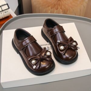 Girls' Leather Shoes, Black Performance Single Shoes, Baby Girls' Bow Princess Shoes, Bean Shoes