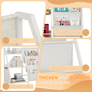 Kids Bookshelf And Toy Storage Organizer, Montessori Bookcase For Toddler Nursery, Wooden & Fabric Book Shelf With Anti-Tip Safety, White