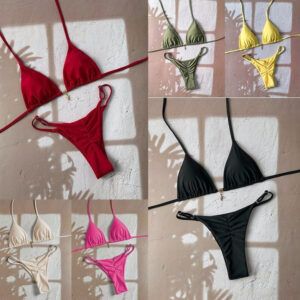 Solid-color Lace-up Halter Two-piece Bikini