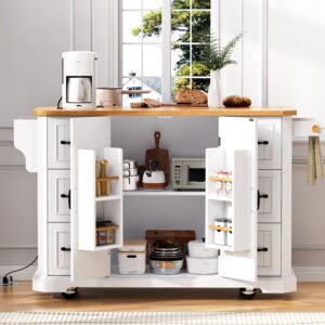 K&K 56 Inch Kitchen Island With Rubber Wood Veneer Drop Leaf, Power Outlet, 4 Door Shelves, Embossed Vertical Stripe Rolling Kitchen Cart On 4 Wheels With 6 Deep Drawers For Kitchen, Dining Room,White