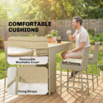 5 Piece Wicker Outdoor Bar Set, Acacia Wood Outdoor High Top Table And Chairs With 3 Tier Shelves, Cushions, Brown