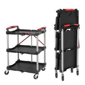 Foldable Utility Service Cart, 3 Shelf Heavy Duty Plastic Rolling Cart With Swivel Wheels 2 With Brakes, Ergonomic Handle, Portable Garage Tool Cart For Warehouse Office Home