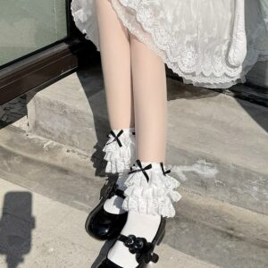 Coquette Tiered Lace Ruffle Ankle Socks, White Socks With Black Satin Bow Accents, Cute Lolita Frill Trim Socks For Mary Jane Shoes & Balletcore