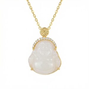 925 Sterling Silver Elegant Carved White Gemstone Laughing Buddha Necklace with Radiant Stone Accents