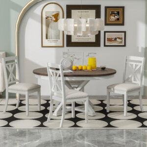 TREXM 5-Piece Retro Functional Dining Table Set Extendable Round Table And 4 Upholstered Chairs For Dining Room And Living Room Brown Antique White