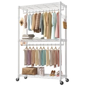 29.5-45-inch Rolling Clothes Rack With Adjustable Metal Shelves And Heavy-duty Hangers With Side Hooks,ideal For Homes And Laundry Rooms