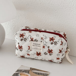 Orange Floral Corduroy Large-Capacity Portable Toiletry Bag For Women