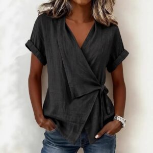 Women's Casual Lapel Collar Lace-Up Short-Sleeve Top
