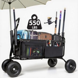 Fishing Cart Beach Cart Collapsible Wagon 9.85 All- Terrain Wheels For Sand Heavy Duty Garden Cart With Rod Holders Umbrella Holder And Storage Pockets 550lb Large Capacity Black