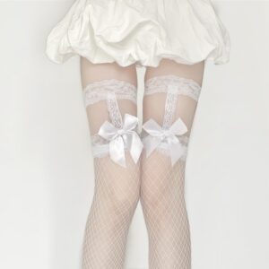 New Spring Summer Japanese Style Fishnet JK Over-the-Knee Socks With Lace Ruffle & Mini Garter Belt, Sheer Lolita Stockings