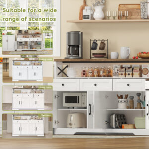 Sideboard 140cm With Storage, Coffee Bar Cabinet With 3 Drawers, Farmhouse Style With Doors, Cabinets With Shelves, Suitable For Kitchen, Living Room, Hallway, Rustic White Brown Style