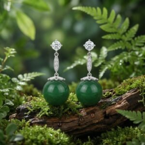 925 Sterling Silver Elegant Spherical Green Jade Drop Earrings with Sparkling Accents and Silver-tone Finish