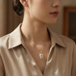 925 Sterling Silver Elegant White Jade Bamboo Pendant Necklace with Green Enamel and Sparkling Accents