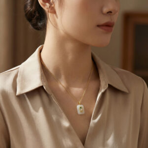 925 Sterling Silver Elegant White Jade Bamboo Pendant Necklace with Green Enamel and Sparkling Accents