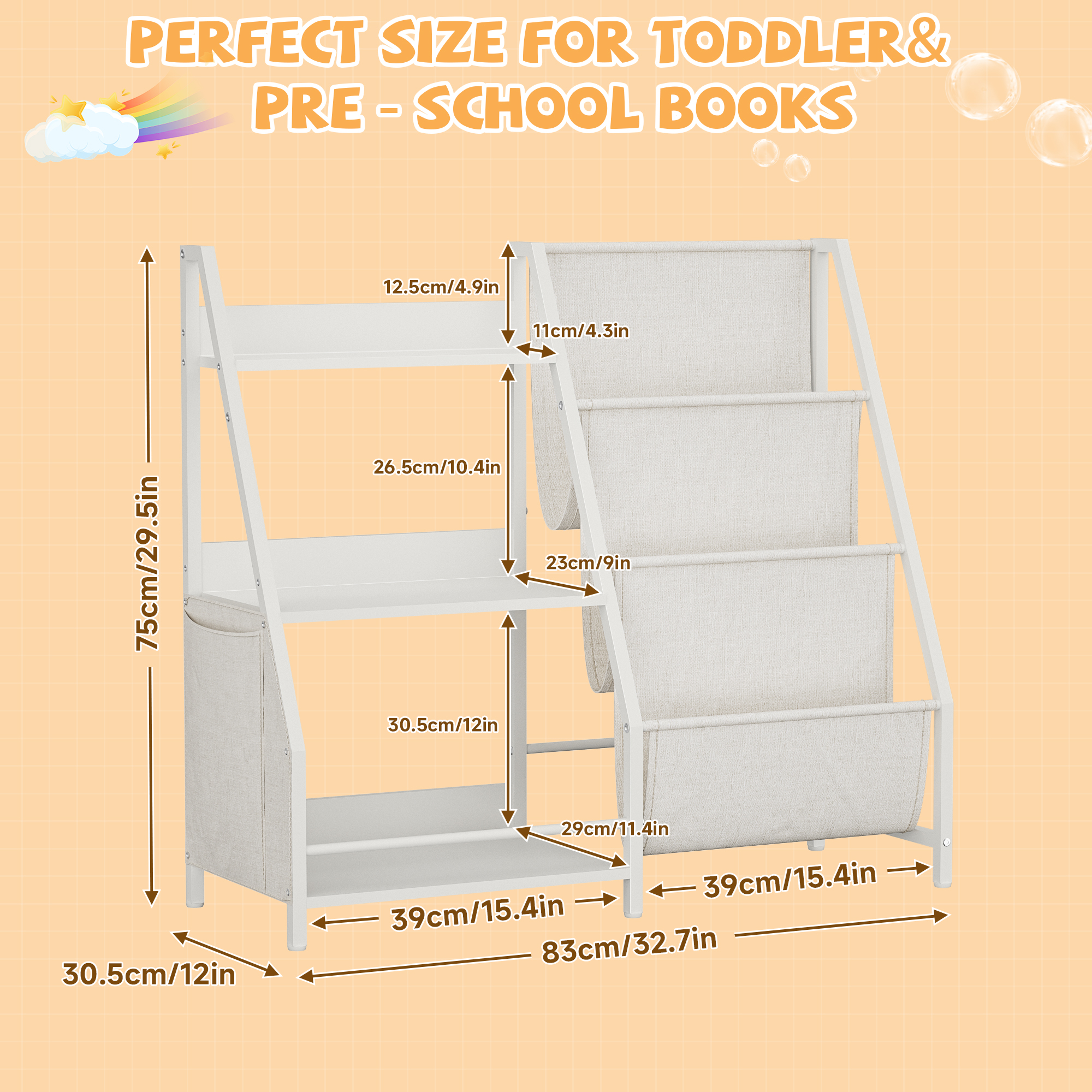 Kids Bookshelf And Toy Storage Organizer, Montessori Bookcase For Toddler Nursery, Wooden & Fabric Book Shelf With Anti-Tip Safety, White - Image 2