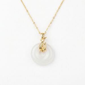 925 Sterling Silver Elegant White Jade Donut Pendant Necklace with Playful Dolphin Motif Bail