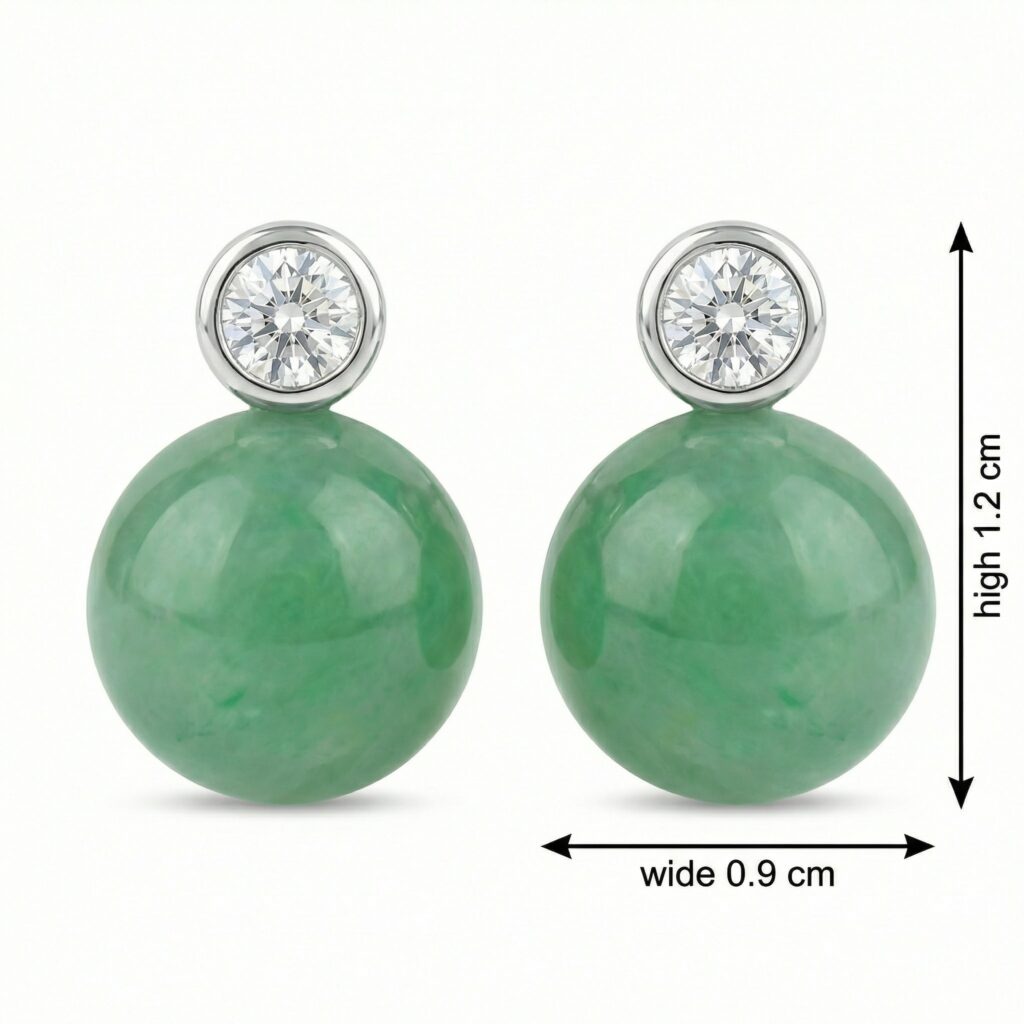 925 Sterling Silver Elegant Round Green Jade and Brilliant Diamond Bezel-Set Stud Earrings