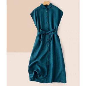 Linen Sleeveless Dress, Women Summer Casual Midi Dress, Lapel Waist-tight Cotton Linen A-line Dress