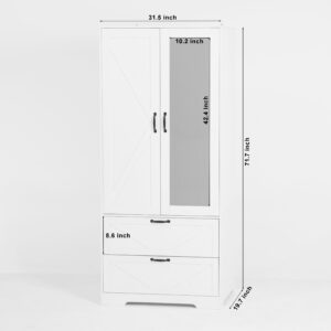 White tall wardrobe with two doors and two lower drawers, showing dimension labels: overall 71.7 in high, 31.5 in wide, 19.7 in deep; right-side panel is a glass insert measuring 10.2 in wide and 42.4 in tall.