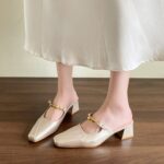 Square Toed MULler Shoes With Toe Caps, Cool Slippers, Women's Thick Heels, High Heels, Half Drag Single Shoes