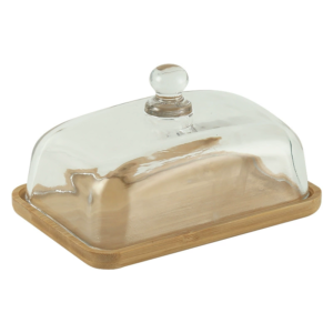 Vintage Rectangular Butter Dish, Cake Plate, Dessert Plate, Fruit Plate, Tasting Plate With Glass Lid, Bamboo & Wood Serving Plate