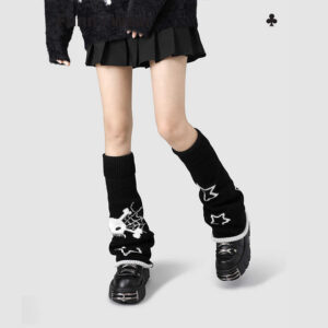 Y2K Star Skull Knit Leg Warmers, Black White Ribbed Slouch Socks, Goth Aesthetic Knit Leg Warmers For Women