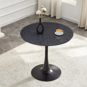 Round Dining Table, 31.5in Circle Tulip Table With Thickened Tabletop & Metal Pedestal, Mid Century Modern Bistro Table For Kitchen, Small Places, Living Room, Cafe Faux Marble