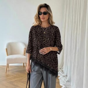 Polka-dot Top Asymmetric Lace-panel T-shirt For Women
