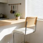 Natural Rattan Bar Stool 2-piece Set With Solid Wood Backrest 25 Inches Medieval Modern Style Counter Stool White PU Leather Kitchen Stool Chrome Metal Legs.