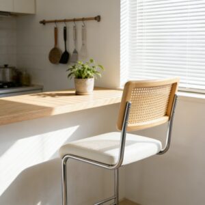 Natural Rattan Bar Stool 2-piece Set With Solid Wood Backrest 25 Inches Medieval Modern Style Counter Stool White PU Leather Kitchen Stool Chrome Metal Legs.