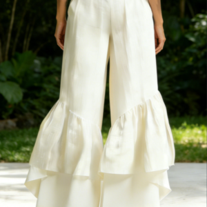 White High Waist Tiered Ruffle Hem Wide Leg Pants