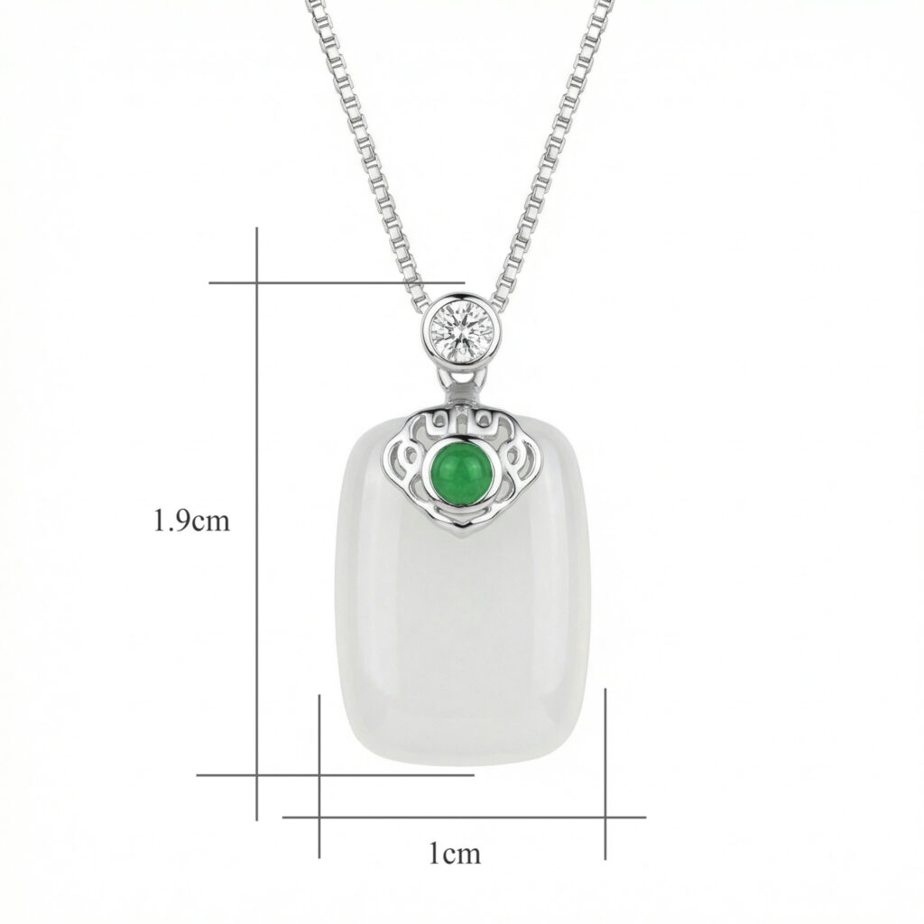 925 Sterling Silver Elegant White Jade Pendant Necklace with Emerald and CZ Accents