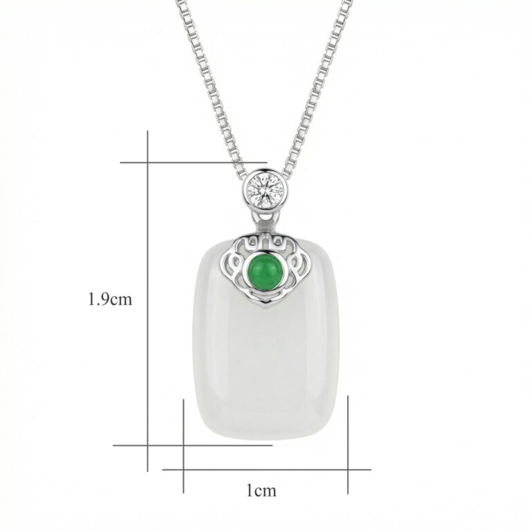 925 Sterling Silver Elegant White Jade Pendant Necklace with Emerald and CZ Accents