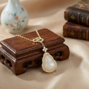 925 Sterling Silver Auspicious Cloud and White Gemstone Gourd Pendant Necklace with Shimmering Accents