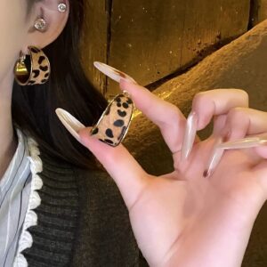 Vintage Tortoiseshell Agate Bead Hoop Earrings For Women, Dainty Silver Tone Amber Resin Bead C-Hoop Earrings, Luxury Minimalist Fall Winter Jewelry Gift