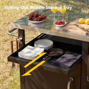 K&K 39.5 Outdoor Grill Cart With Storage Cabinet, Outdoor Bar Cart Pizza Oven Table With Wheels, Stainless Steel Top, Outdoor Kitchen Island With Spice & Paper Rack For BBQ, Waterproof Cover Included