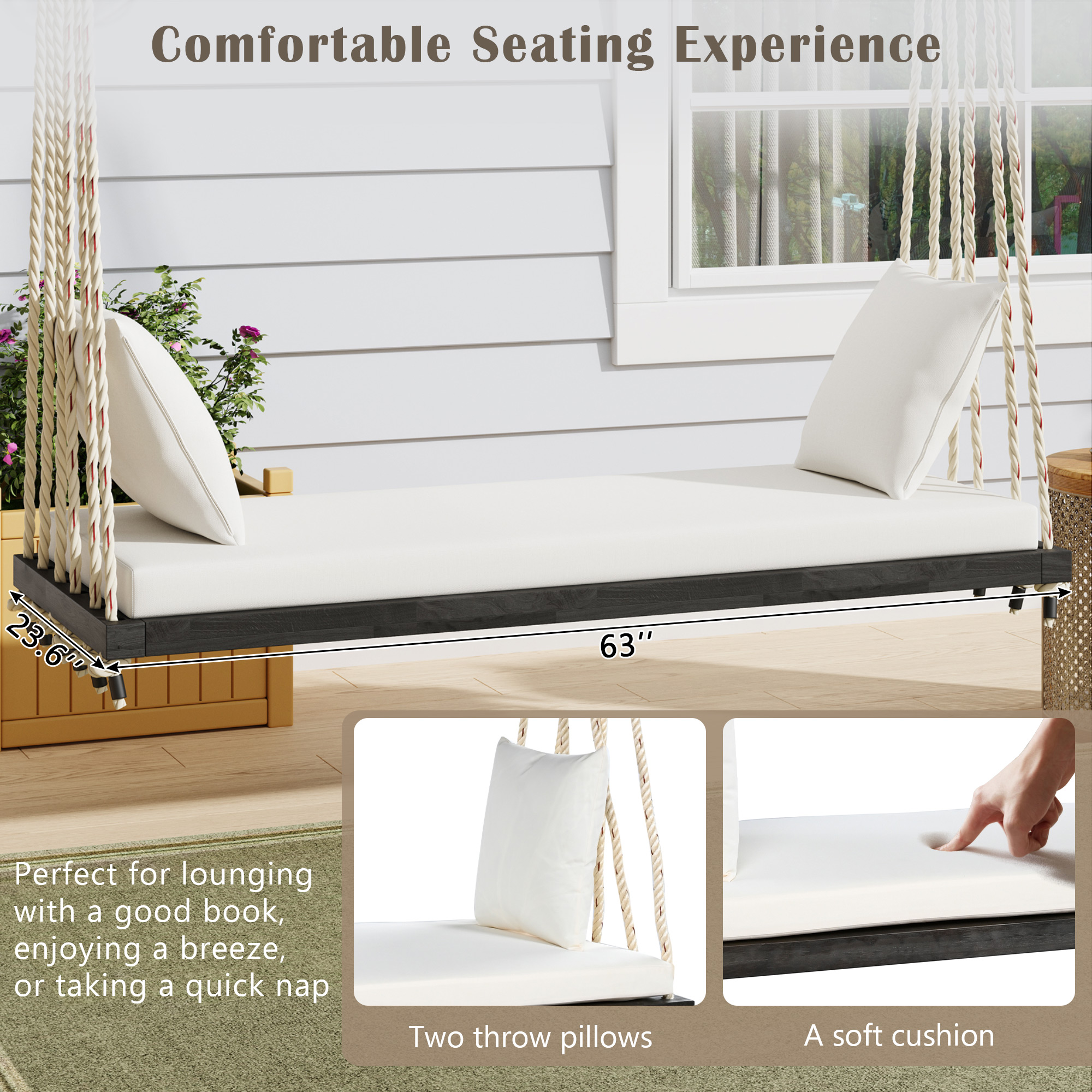TOPMAx Patio Wooden Swing Chair Hanging Porch Swing Bench With Cushion&Pillows 10.8Ft Hemp Ropes For Garden Lawn Brown - Image 5