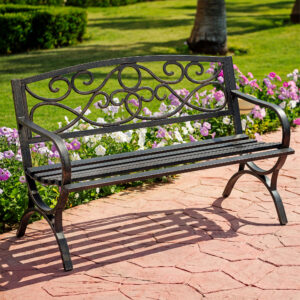 Outdoor Garden Bench, With An Iron Metal Frame And A Backrest Featuring Floral Patterns, And Arched Leg Design
