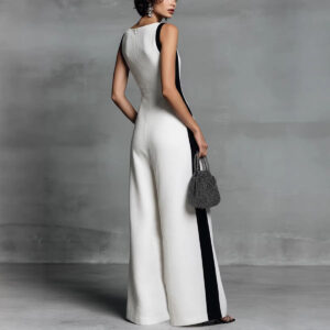 Sleeveless Womens V-Neck Contrasting Color Wide-Leg Jumpsuit