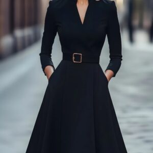 Solid Color Waist V-Neck Long Sleeve Swing Dress, Women's Autumn Winter Dress