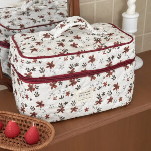 Orange Floral Corduroy Large-Capacity Portable Toiletry Bag For Women