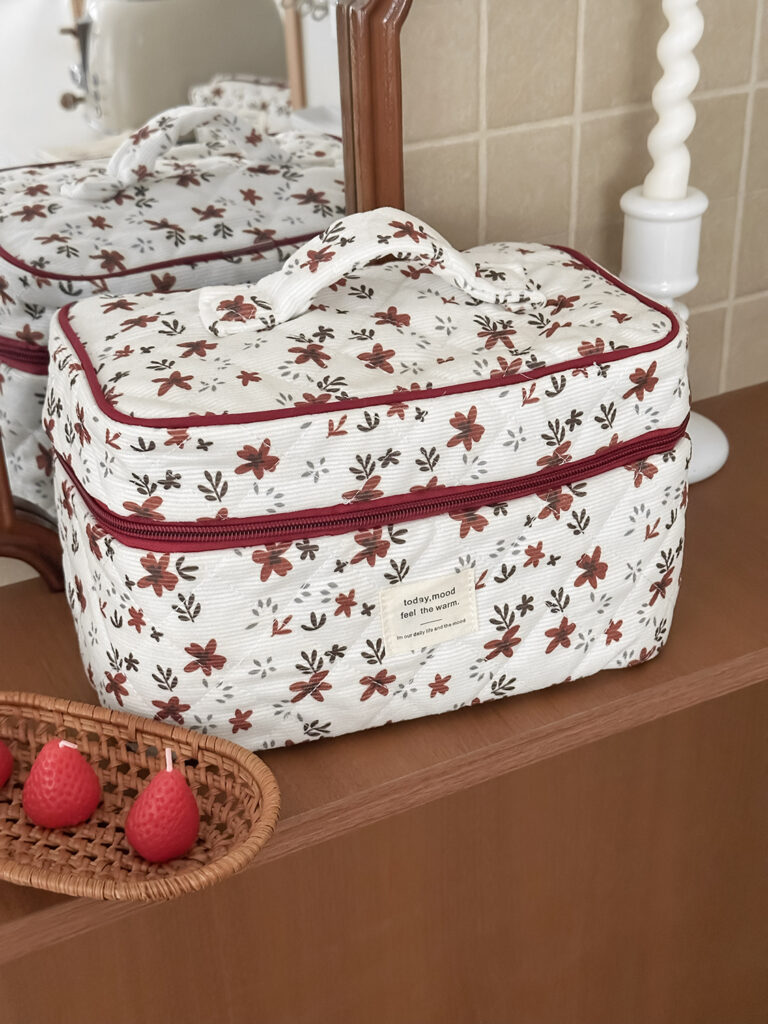 Orange Floral Corduroy Large-Capacity Portable Toiletry Bag For Women