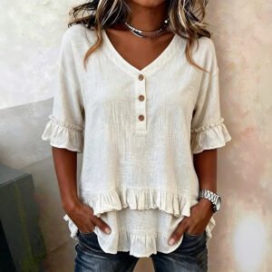 Womens Retro V-Neck Ruffled Loose Short-Sleeve Shirt