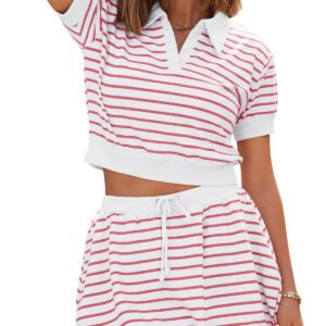 Fisoew Womens Striped 2 Piece Outfits Skort Set Short Sleeves Shirts Bubble Mini Skirt Sets Matching Sets