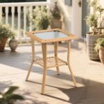 Patterned Glass Surface, Light Yellow Vine Strips, 44x5x44.5x57.5cm, Woven Vine Edge Table