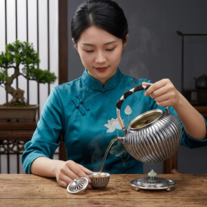 925 Sterling Silver Elegant Ribbed Silver Teapot with Jade Finial and Woven Wicker Overhead Handle – Handicraft