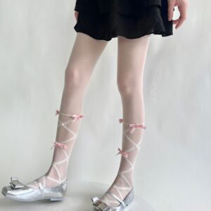 Balletcore Sheer Knee High Socks With Bows, Cute Pearl Lace-Up Calf Stockings, Coquette Aesthetic Legwear For Women